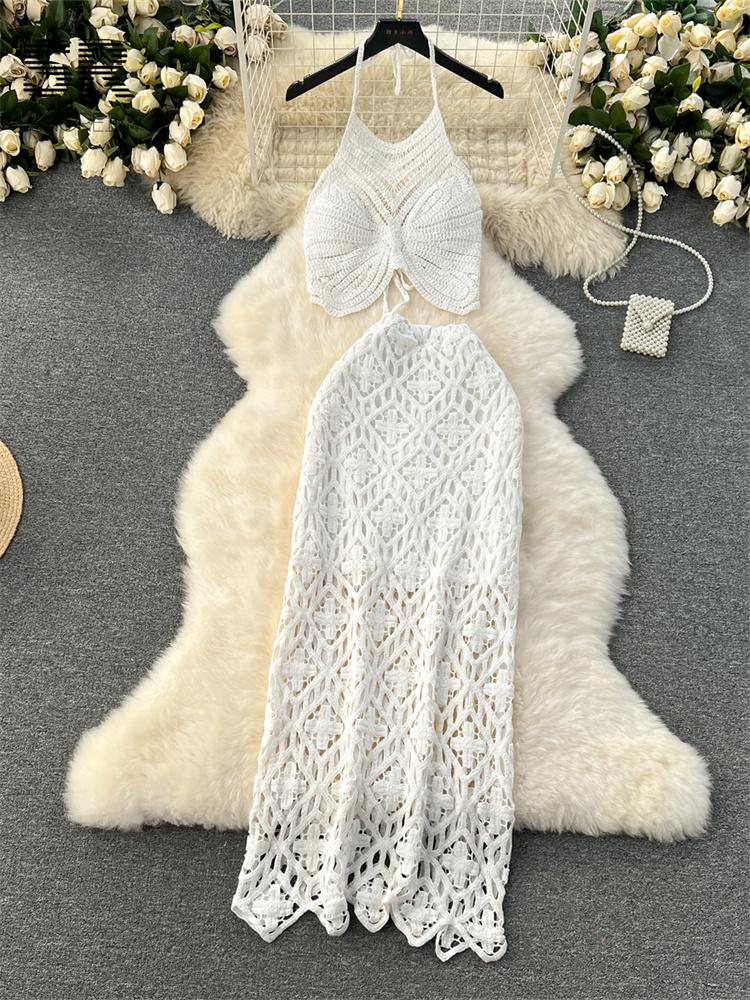 

Комплект из двух предметов для отпуска, женская мода, открытая спина, топ, халтер, ажурная резинка на талии, длинная юбка, летний повседневный трикотажный костюм One Size белый