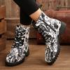 Large Size Graffiti Square Heel Side Zipper Martin Boots Autumn and Winter New Round Head Lace-up Women's Boots