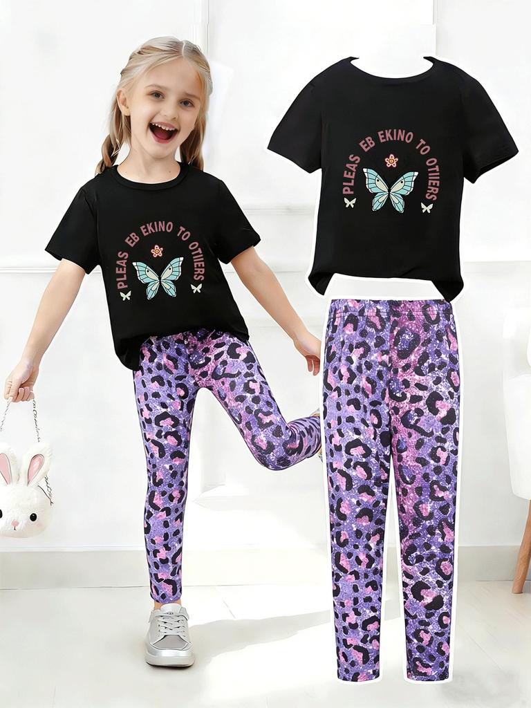Girls' Summer Casual Short-Sleeve Long Pants Set - European & American Print