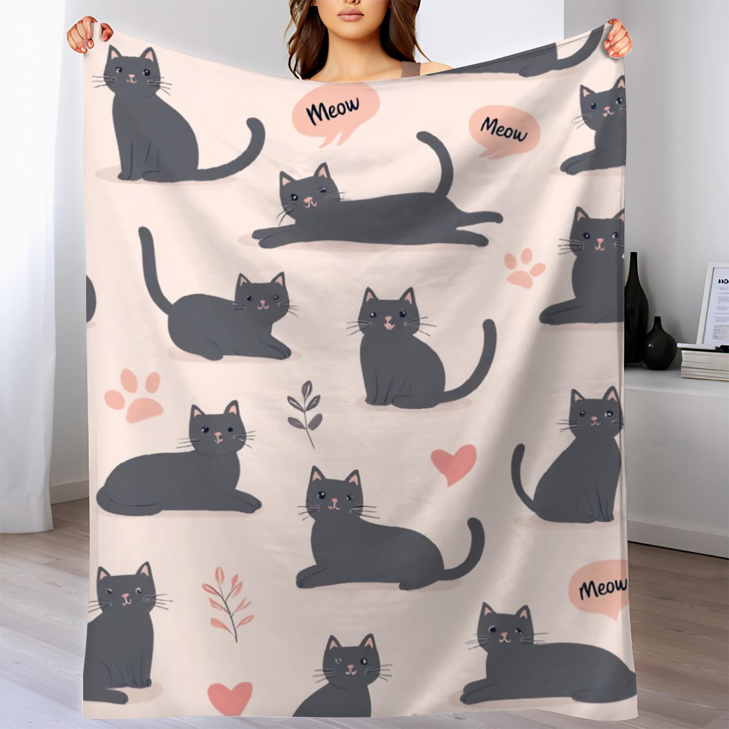 

Cute Black Cat Fleece Blanket Meow Design Soft Cozy Throw Home Decor for Living Room or Bedroom Gift for Cat Lovers40x60 70x100cm28x39in
