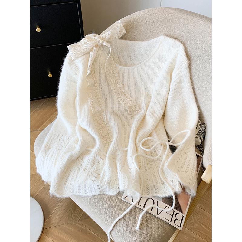 2025 Soft Purple Lace Bow Tie Knit Pullover for Spring & Autumn