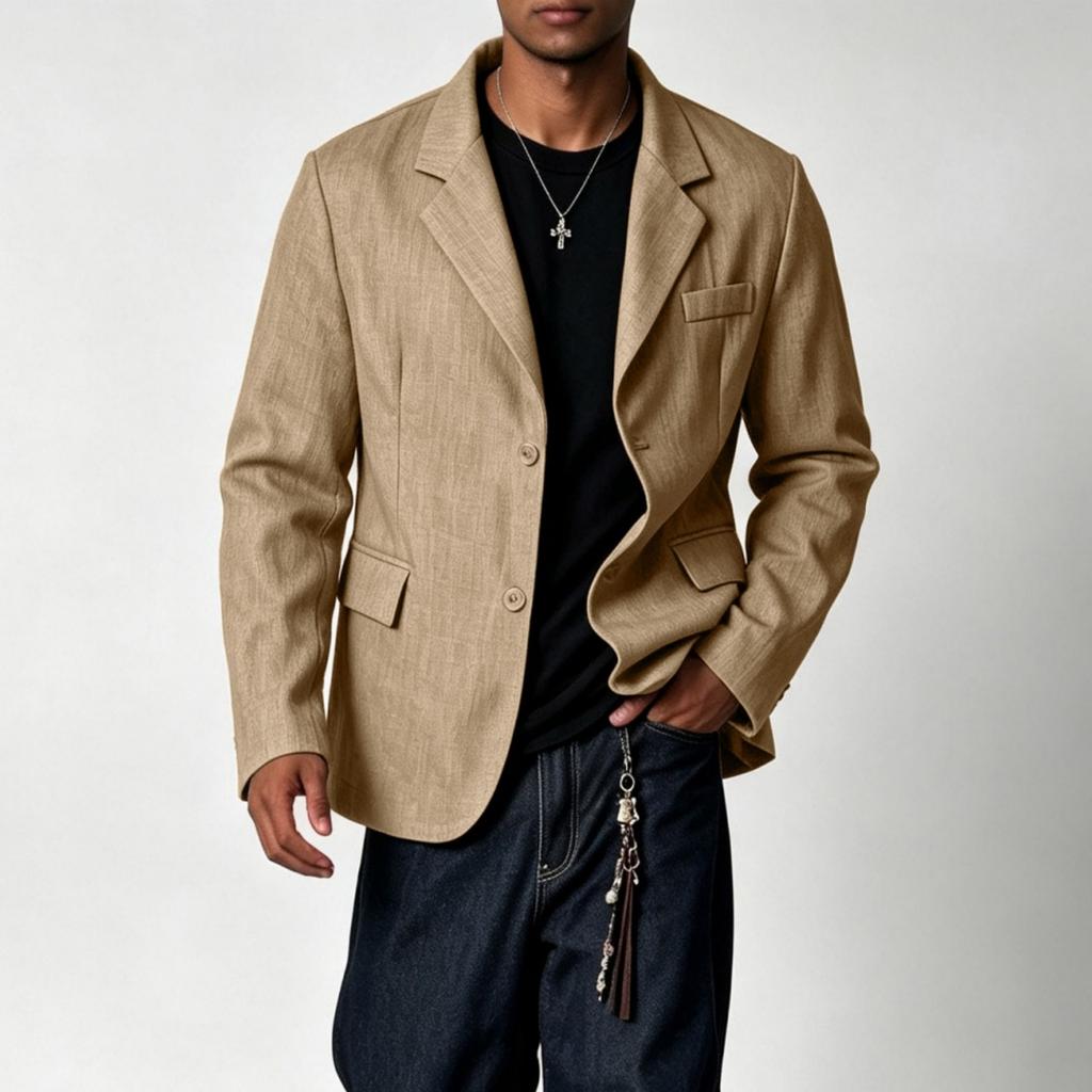 Leichte lässige Herren-Anzugjacke, Vintage-Farbe, einreihig, zwei Knöpfe, mit Leinenstruktur