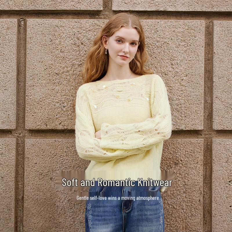 Xiangying Women's Off-Shoulder Sequin Cutout Knit Sweater