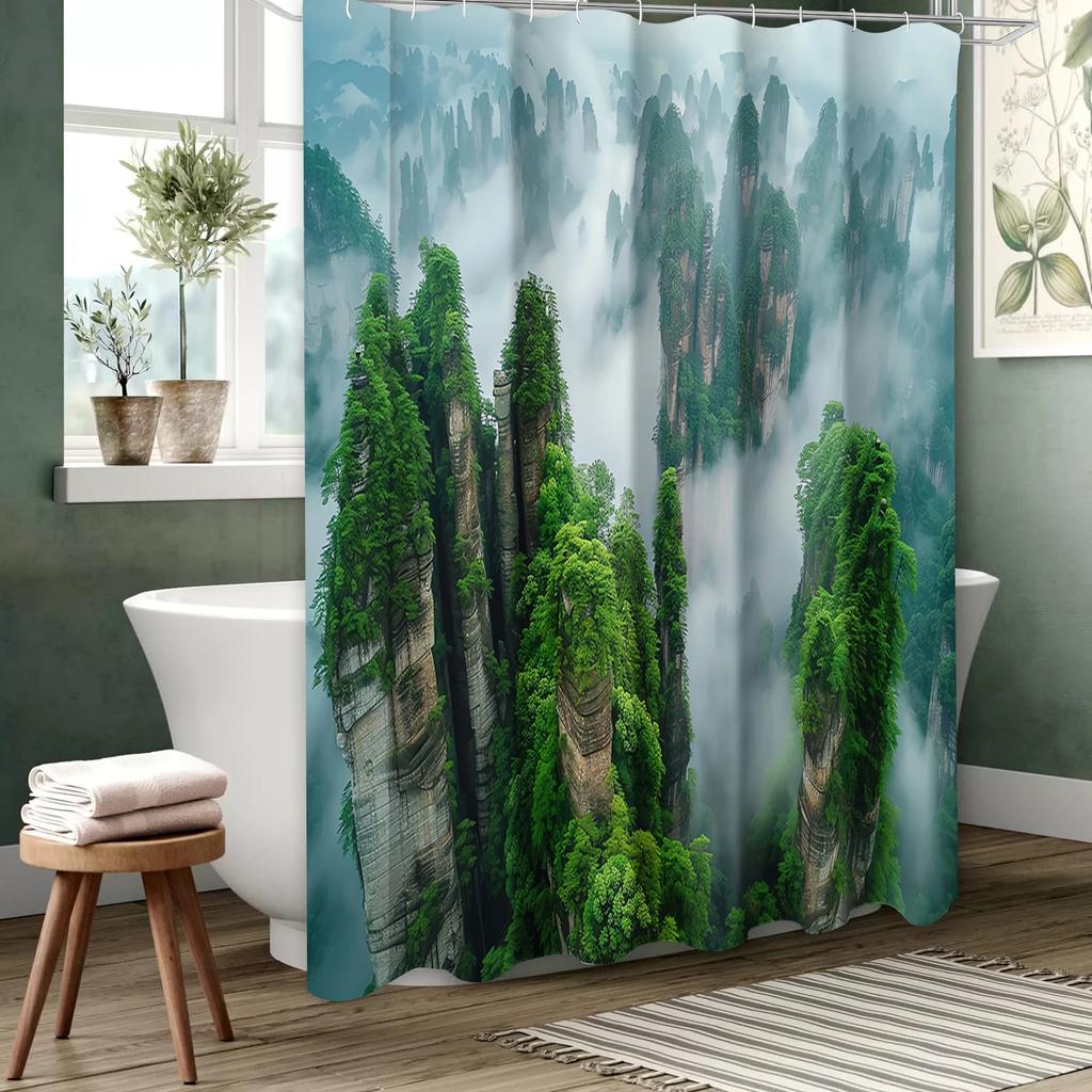 Misty Mountain Pattern Bathing Curtain  Bathroom Shower Curtain Waterproof With 12 Hooks Home Deco