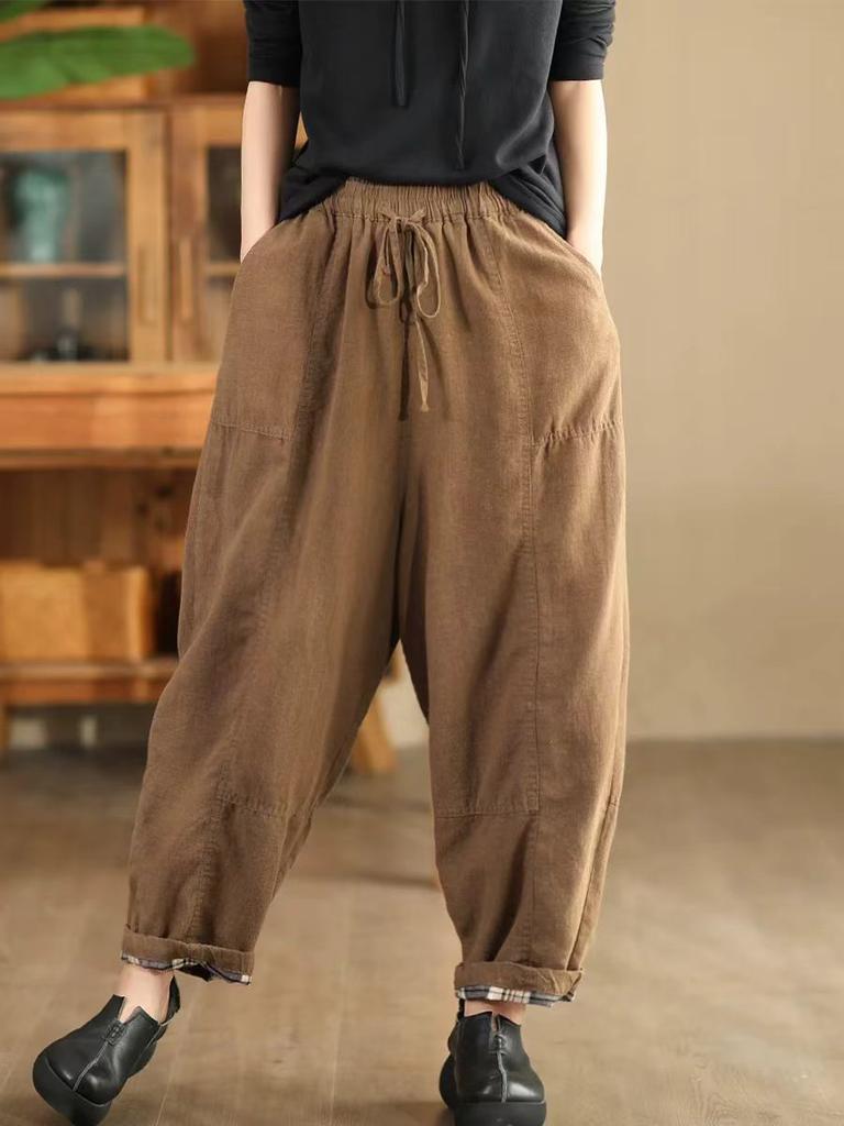 Johnature Woman Winter Fashion Solid Color Elasticated Waist Harem Pants Loose Casual Vintage Style Retro Pants