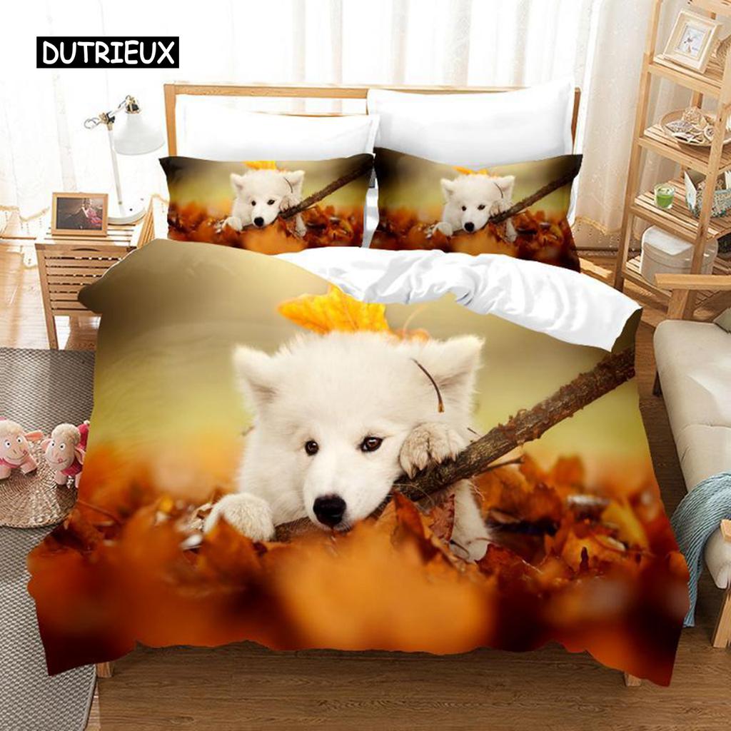 Samoyed Duvet Cover Set Cute Dog Pattern Decor Bedding Set Grass Green for Kids Girls Adults Lovely Animal Polyester Quilt Cover