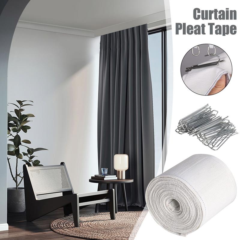 6m White Pleat Tape for Curtains with 15 four claw hook Drape Making Accessories for Living Room Home Bedroom Enhancement