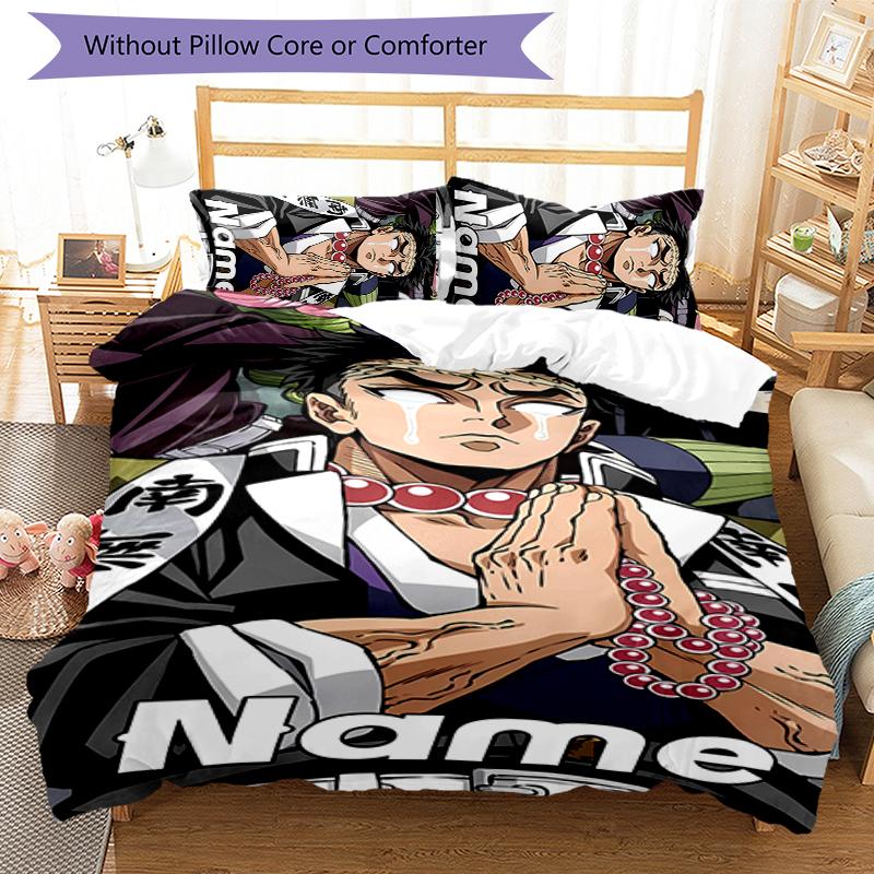 3pcs Custom Name Demon Slayer Character Theme Bedding Set Duvet Cover Closure Includes 1 Duvet Cover & 2 Pillowcases for All Seasons Bedroom Decor