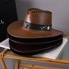 Vintage Fashion Cow Head Decorated Western Cowboy Hat Faux Leather Panama Style Bucket Jazz Cap for Men