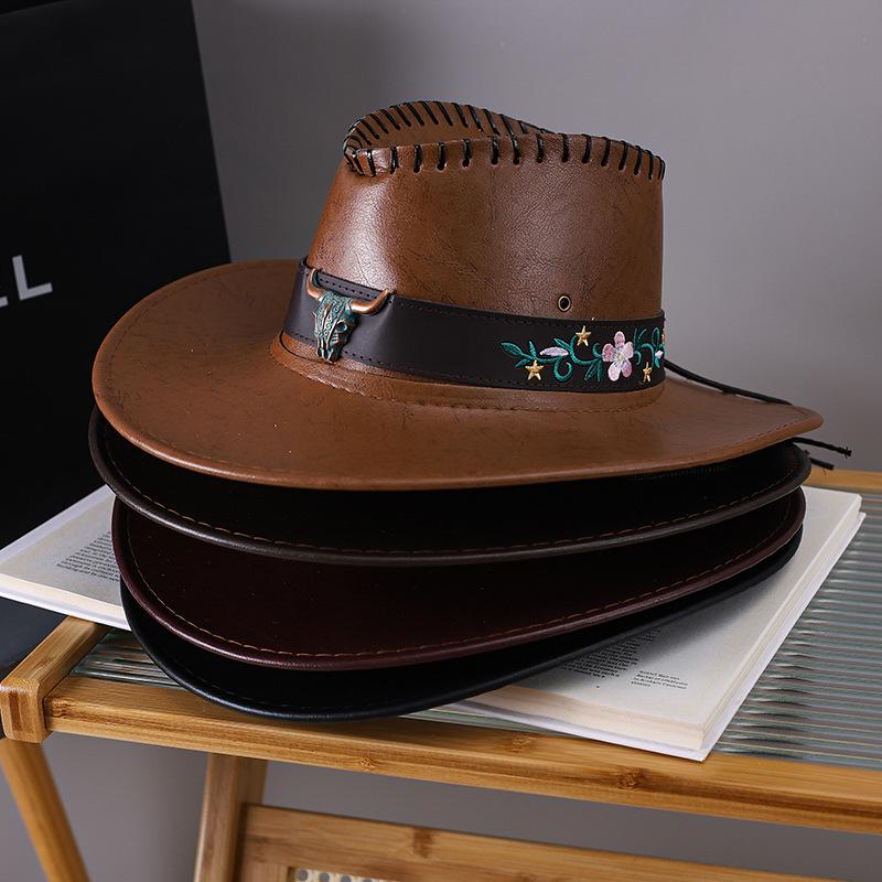 Vintage Fashion Cow Head Decorated Western Cowboy Hat Faux Leather Panama Style Bucket Jazz Cap for Men