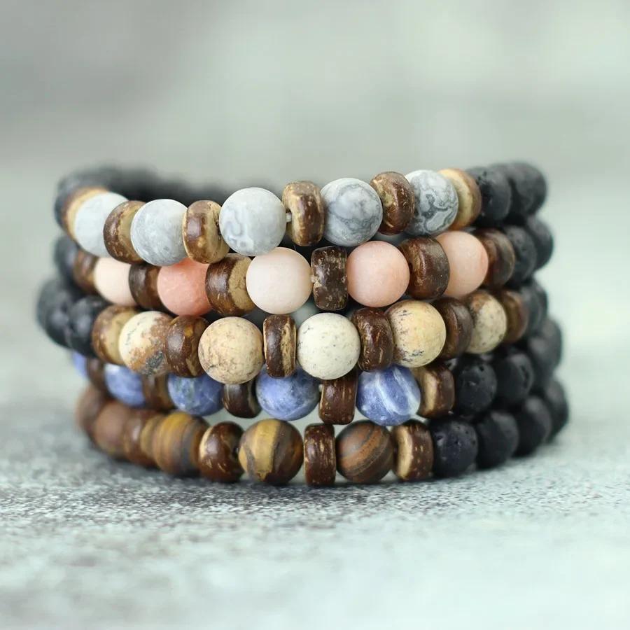 New Natural Wooden Bracelet For Men Meditation Braslet Volcanic Rock Braclet Gemstone Stretch Beaded Brazalete Pulsera