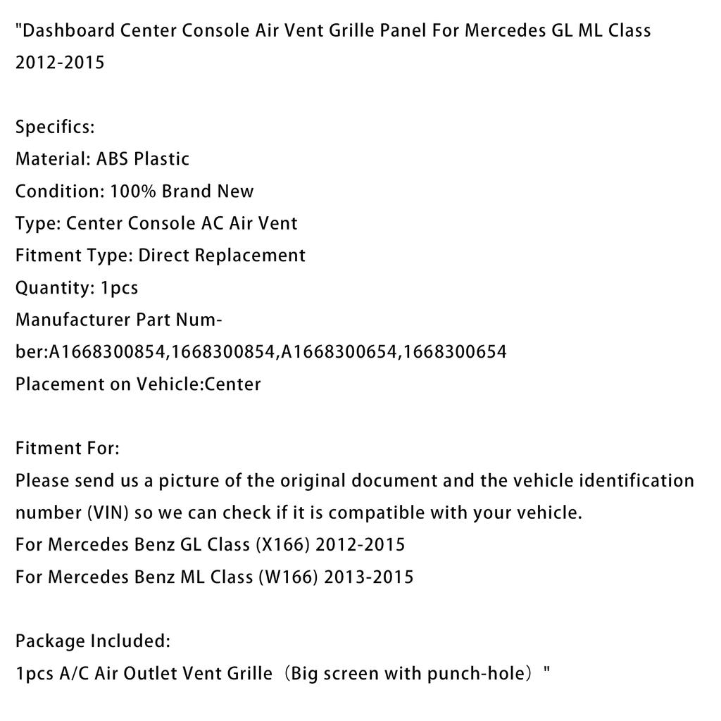Dashboard Center Air Vent Big Screen For Mercedes GL ML X166 W166 2013-2015