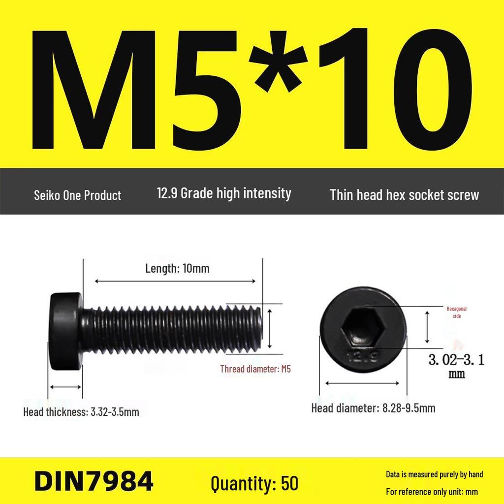 DIN7984 Grade 12.9 Thin Head Hex Socket Cap Screws - Sizes M3 To M16