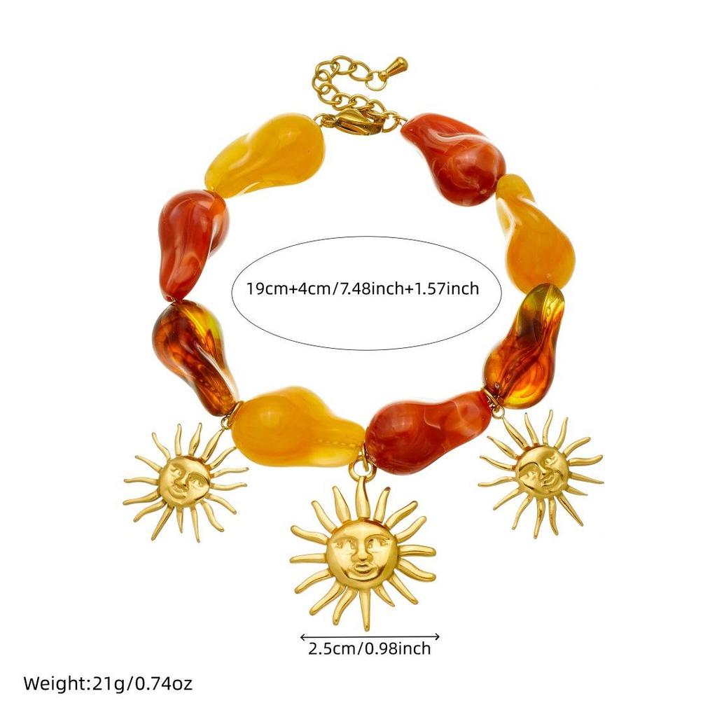 Gold-Plated Sun Pendant Jewelry Set with Human Face and Irregular Resin Beaded Chain