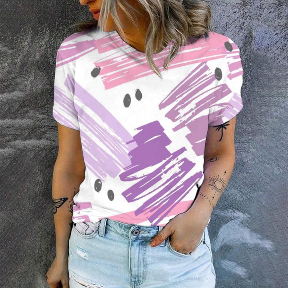 Elegant Women's Round Neck T-shirt Art Graffiti Pattern Fashion T-shirt Summer Leisure Women's Popular Short Sleeved T-shirt
