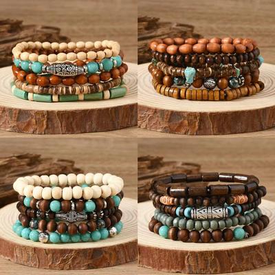 Turquoise Wood Bead Multilayer Elastic Bracelet Set - Retro European & American Style, 5-Piece
