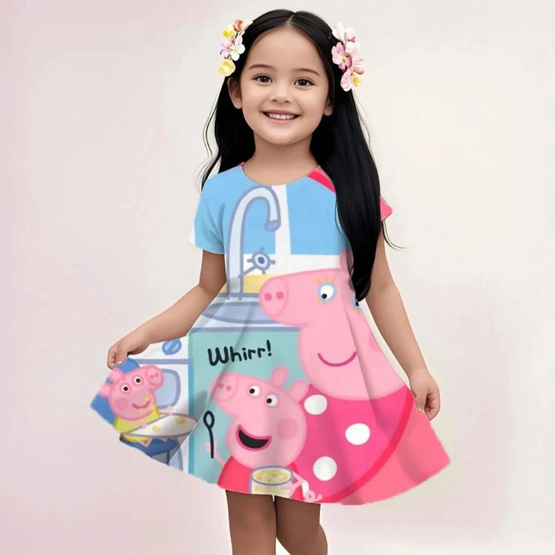 Summer Casual Kids Dress Peppa Pig Cute Cartoon Print Fashion Beach Dress Soft Breathable Lightweight Girls Sundress 110