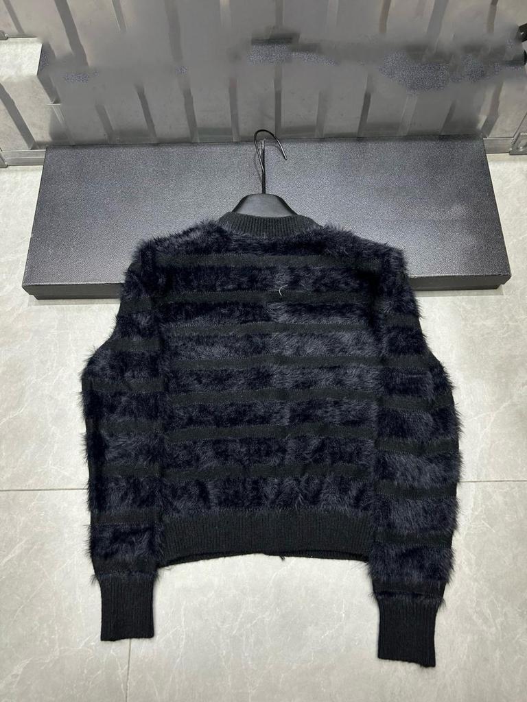 Xiangjia Mink Fur Color Block Striped Cardigan Sweater - Autumn/Winter, Round Neck, Long Sleeve, Loose Fit.
