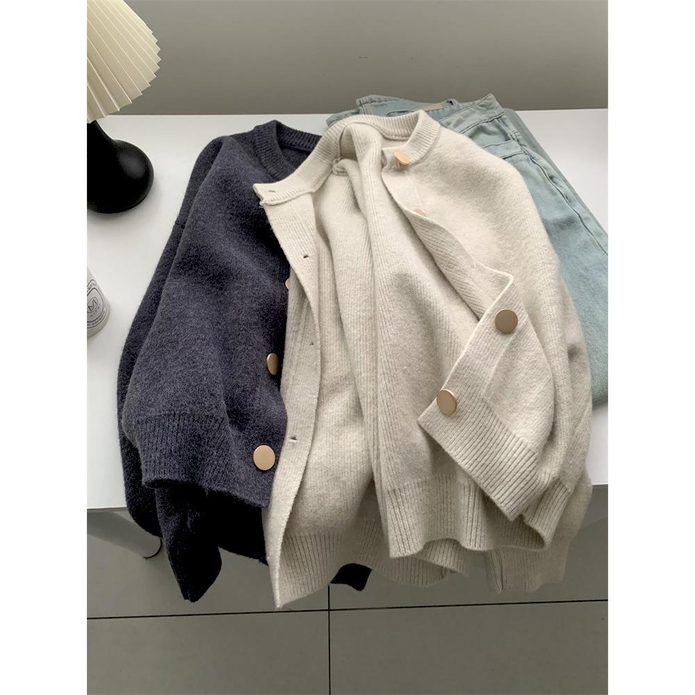 Stacked retro age-reducing long-sleeved knitted sweater autumn and winter single-breasted outer sweater lazy top cardigan women