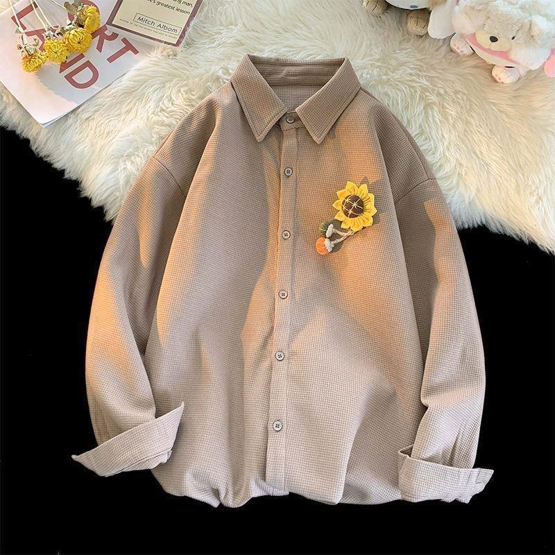 Sunflower Decorated Women's Shirt Solid Color Single Breasted Lapel Blouse Spring Autumn Woman Casual Korean Loose Top