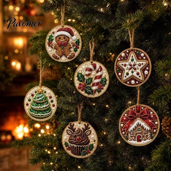 Christmas Faux Pearl Art Kit 6Pcs/Set Ornaments DIY Kit, Hanging Decorations Craft Creative Making with Round Charms Pearls, Holiday Rhinestone