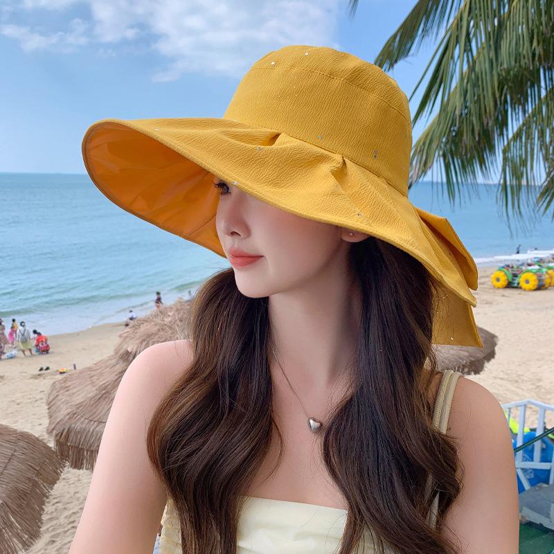 

Новая шляпа женская с пайетками, бантом, цветным клеем, солнцезащитная шляпа от солнца, летняя шляпа с большими полями, ветрозащитная шляпа от солнца One Size