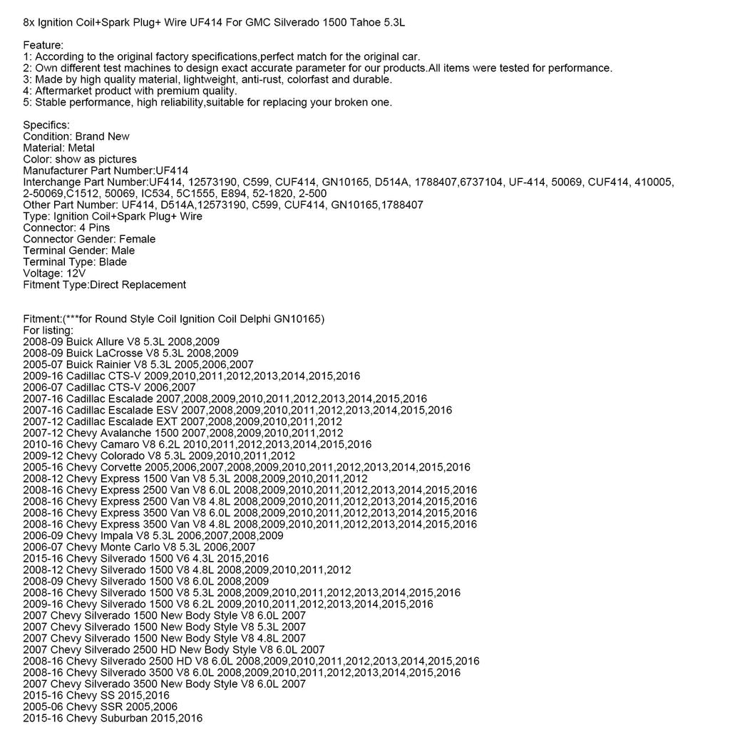 8x Bobină de aprindere + Bujie + Cablu UF414 Pentru GMC Silverado 1500 Tahoe 5.3L