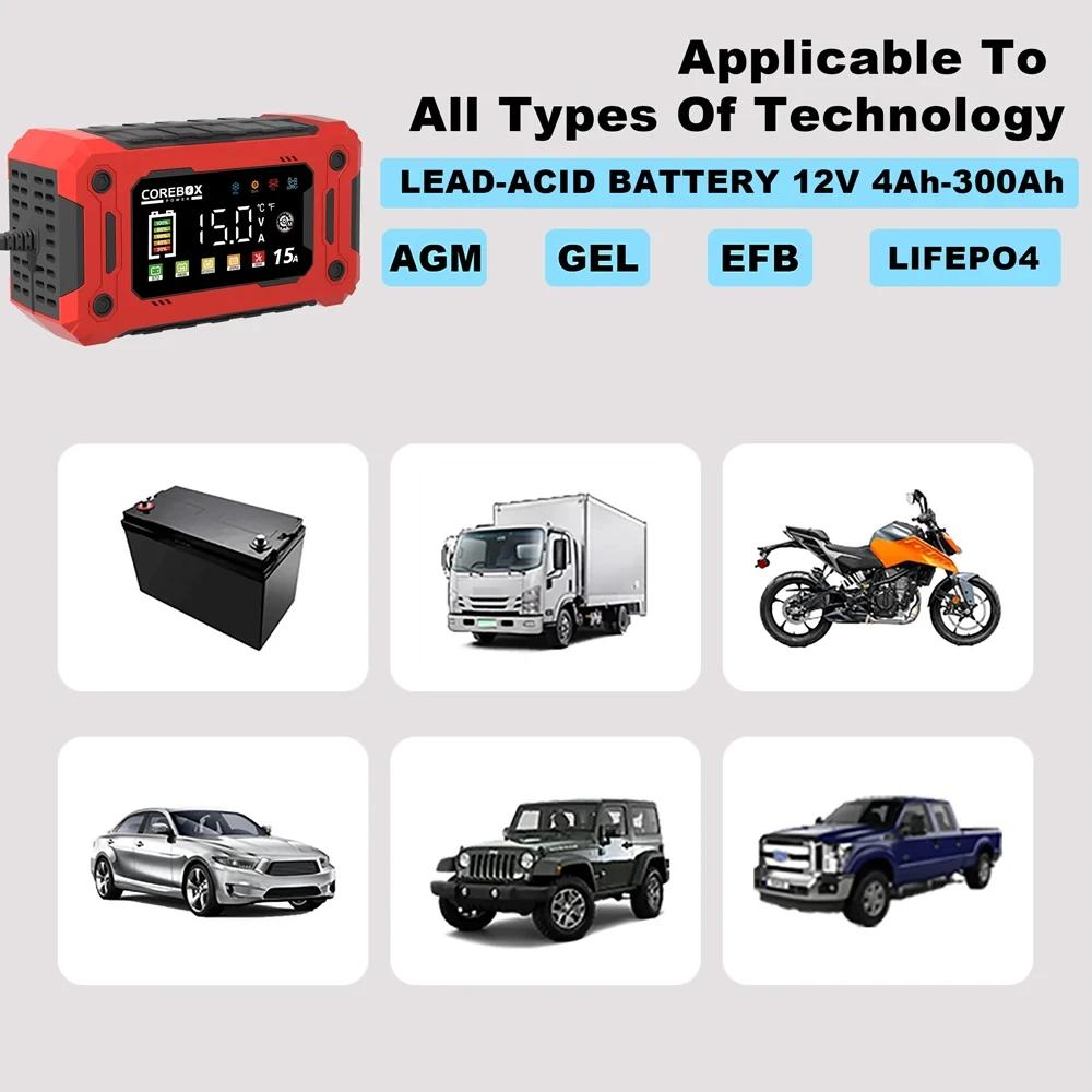 12V 8A 15A Car Charger 14.6V Motorcycle Truck Emergency Jump Starter Digital Display For Lifepo4 Lead Acid AGM GEL Batteries