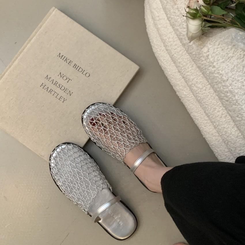 Leather bag head back strap fishing net flat sandals Roman shoes 25 summer new hollow comfortable beach half slippers