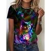 2025 New Summer Women's Black and White Swan Print T-shirt Round Neck Short Sleeve Street Casual Daily Basic Tops