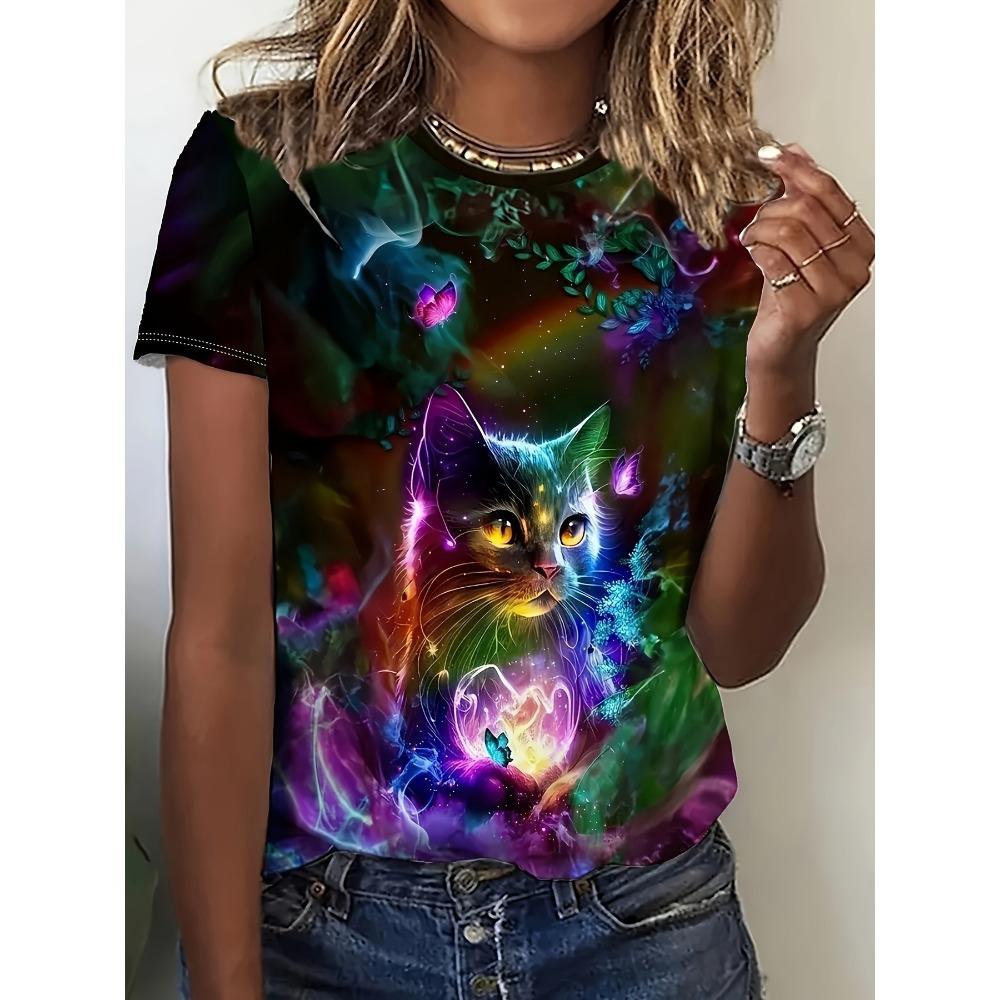2025 New Summer Women's Black and White Swan Print T-shirt Round Neck Short Sleeve Street Casual Daily Basic Tops