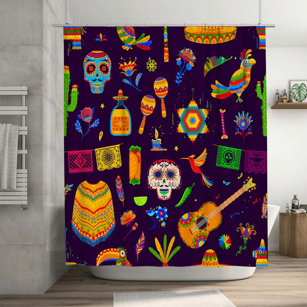 Rideau de douche folklorique mexicain motif violet avec crânes, oiseaux, guitares pour décoration de salle de bain