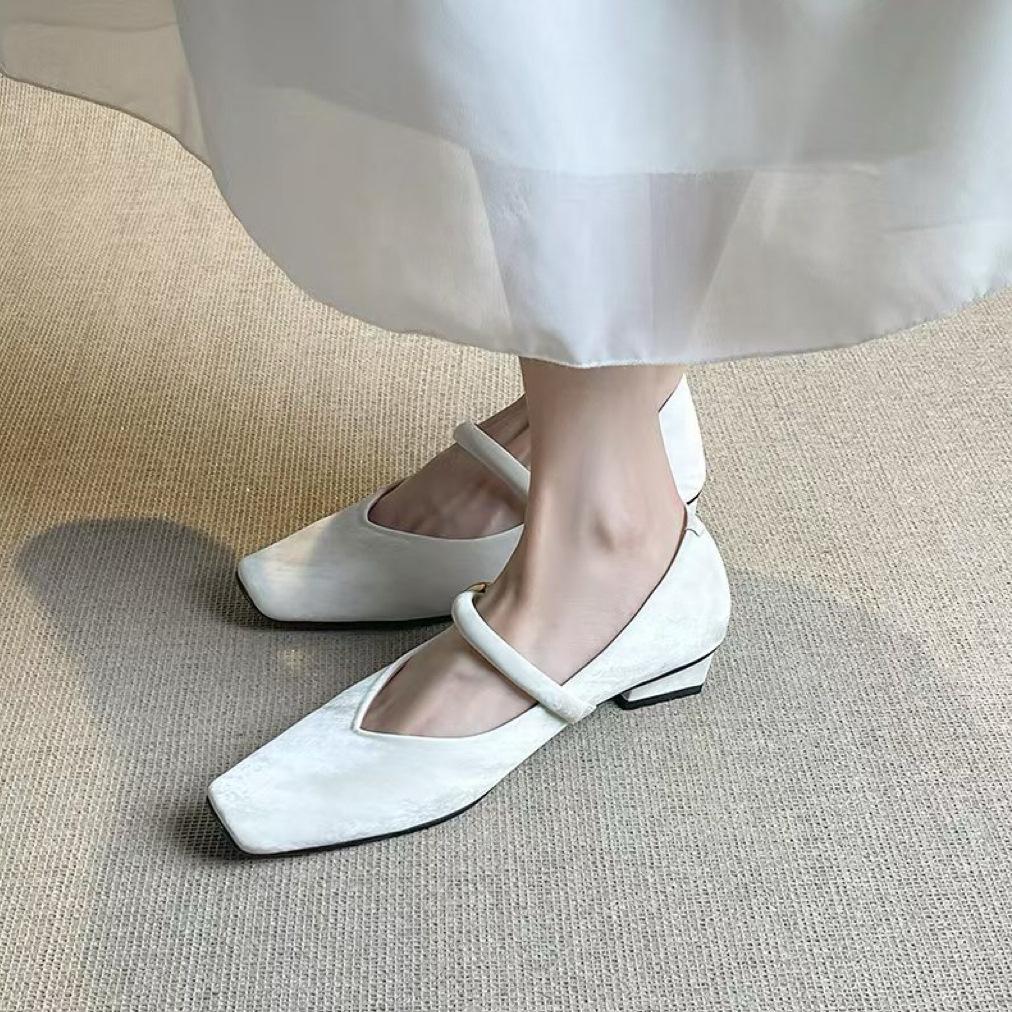 Sheepskin Version Silver Inner Height Increasing Shoes Square Head Single Shoes Women's Stunning Ballet Shoes Thick High Heel Mary Jane Shoes
