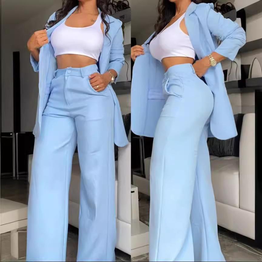 Elegant Autumn Women's Blazer Pants Two Piece Set Outifits Fashion Collar Coat Pocket Trouser Suit
