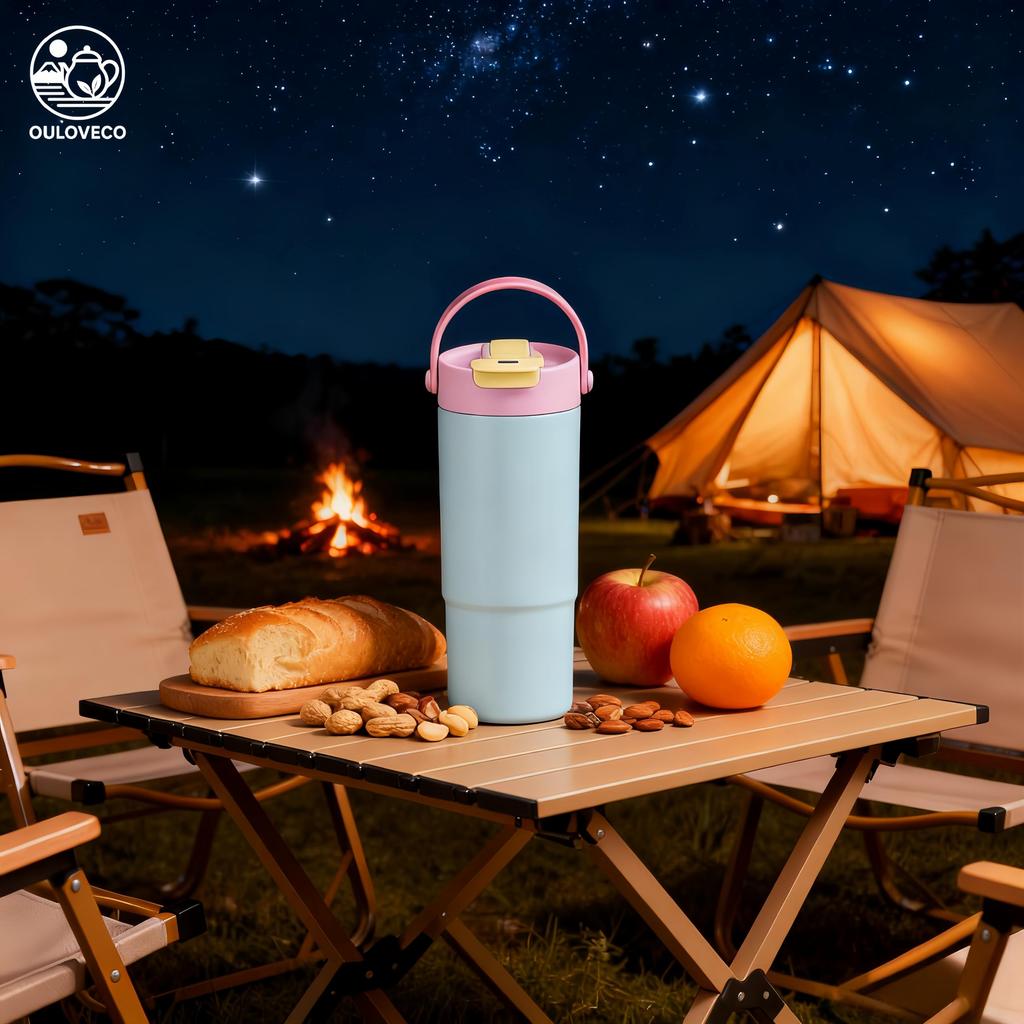 OULOVECO Water Bottle with Tumbler with Insulates Hot or Cold Direct Stainless Suitable for and Outdoor Use Straw, 650ml, Handle, Drinks, Portable,