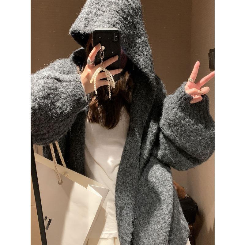 

Hooded sweater jacket women s autumn and winter loose lazy wind soft waxy medium and long knitted cardigan top women One size