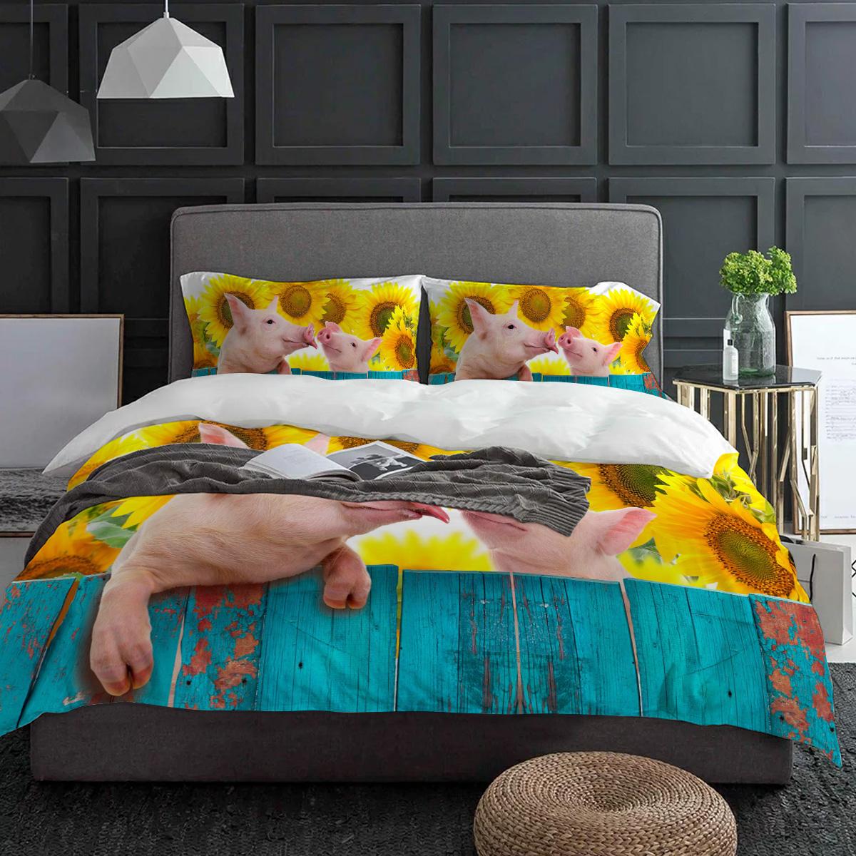 

Pig Sunflower Flower Animal Bedding Set 3pcs Duvet Cover Pillowcase Kids Adult Quilt Cover Double Bed Set Home Textile (135x200cm)