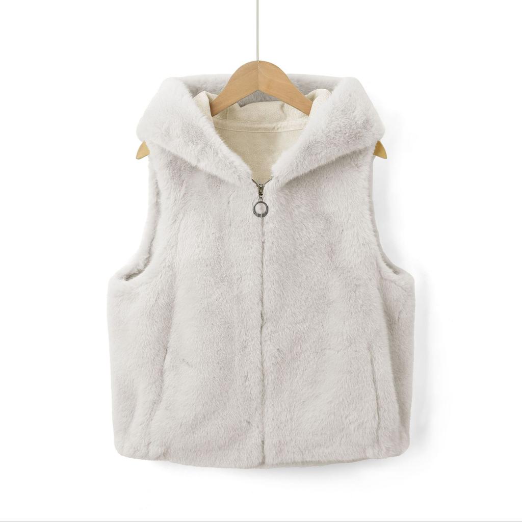 European Beautiful Women's Autumn and Winter Imitation Fur Jacket Fur Integrated Hooded Vest Loose Foreign Trade Loose Casual Vest