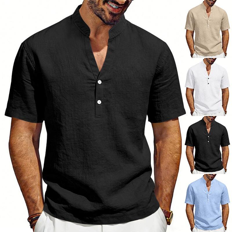 Men's New American Style Summer Henley V-Neck T-Shirt, Loose Breathable Linen Casual Commute Short Sleeve Tee