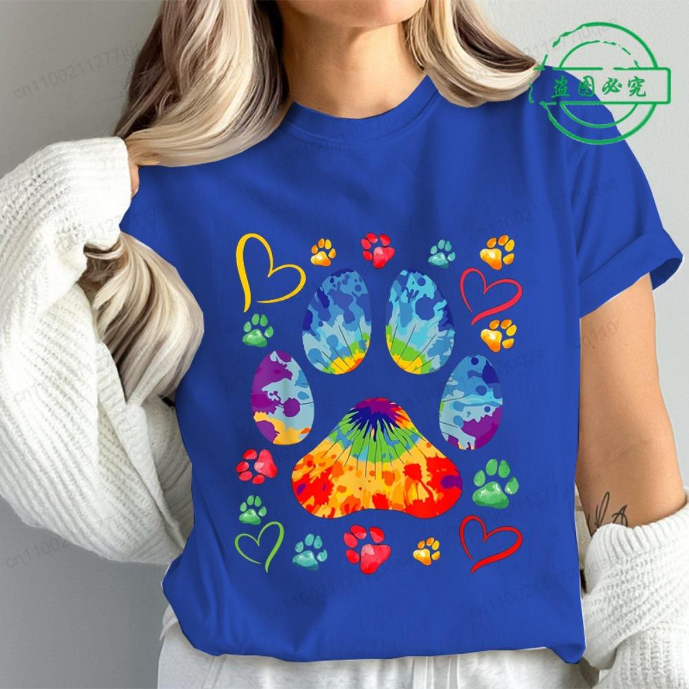 Tie Dye Paw Print Women T Shirt Fashion Casual Graphic T-Shirts Short Sleeve Tee Tops Summer Fashion Female T-Shirt Mujer