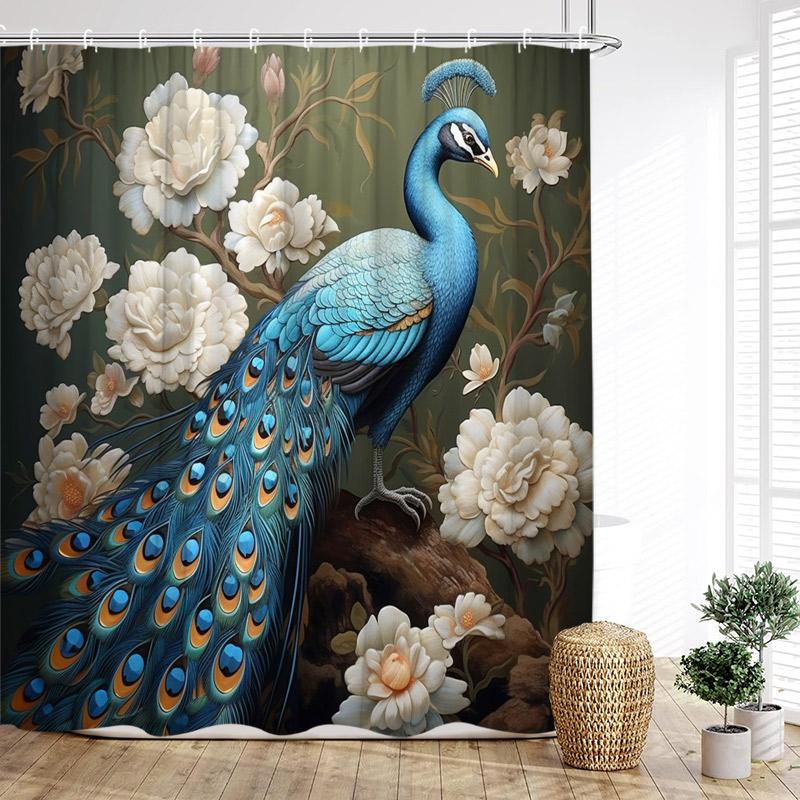 Floral Peacocks Shower Curtain Tree Cave Jungle Flowers Green Plants Birds Modern Home Bathroom Decor Bath Curtains With Hooks