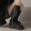 Fashion Women Knee High Boots Female Platform Thick Heel Black Trouser Boots Belt Buckle Pleated Stacked Female Autumn Fashion Shoes