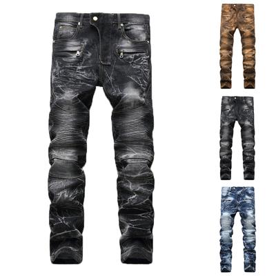 Modische, lässige, dehnbare, plissierte Jeans für Herren mit schmaler Passform