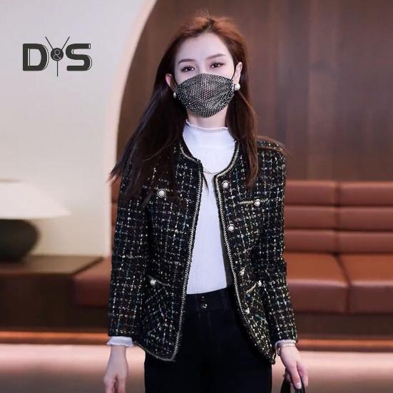 Damska kurtka tweedowa z długim rękawem, zapinana na guziki, krótka marynarka z kieszeniami, płaszcz dwurzędowy w kratę na jesień/zimę