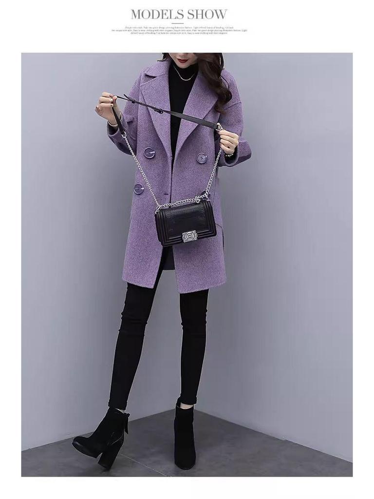 Petite Women's Mid-Length Lantern Sleeve Black Wool Coat - 2025 Korean Style for Autumn and Spring