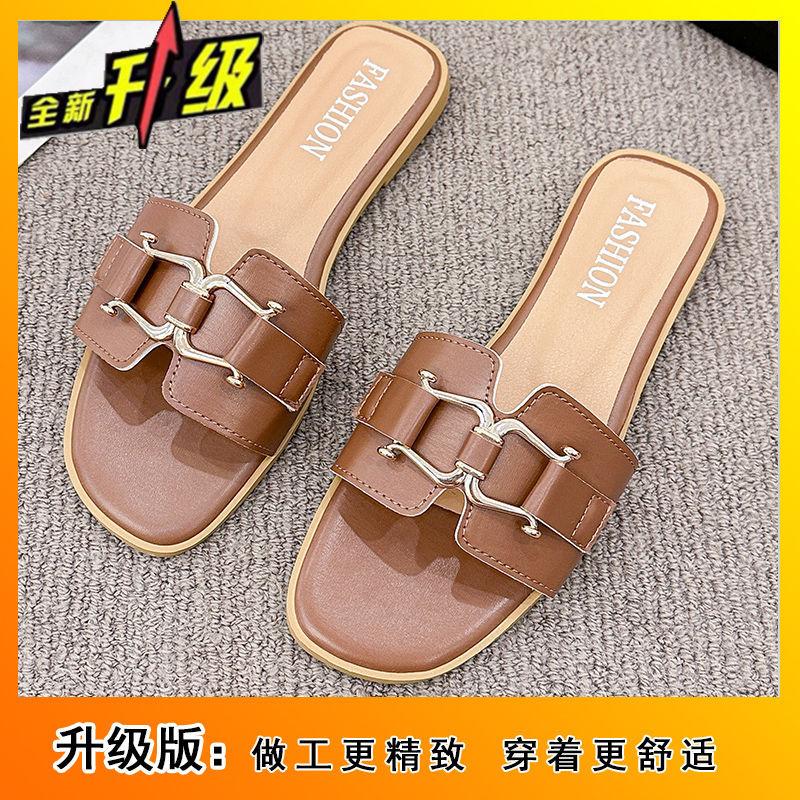 Flat-bottomed Slippers Women's Outer Wear 2025 Summer New Fashion Square Head One-word Drag Versatile Non-slip Cool Slippers