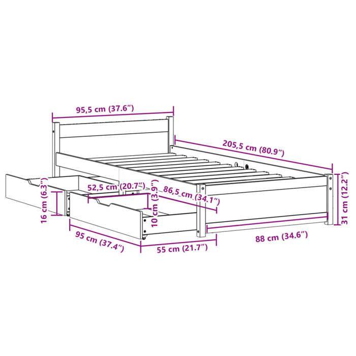 VidaXL Cadre de lit avec tiroirs 90x200 cm bois de pin massif, sommier, cadre de lit simple, cadre de lit en bois massif, 3301682
