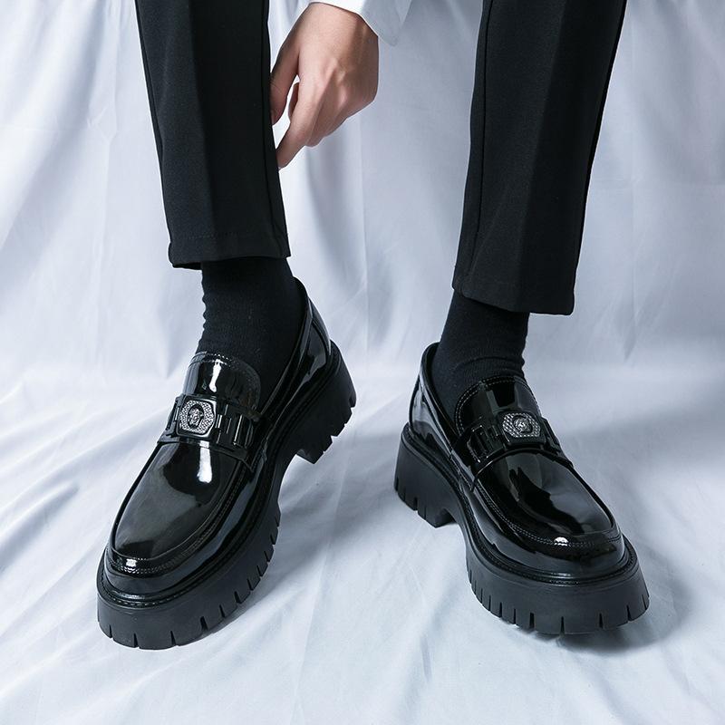 Summer Glossy Small Leather Shoes Breathable British Heightening Leather Shoes Men's Thick-soled Trend Foot-fitting Casual Loafers