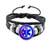 Emergency Medical Technician Paramedic Symbol Logo Black Button Leather Bracelet Glass Dome Blue Star of Life Logo Jewelry
