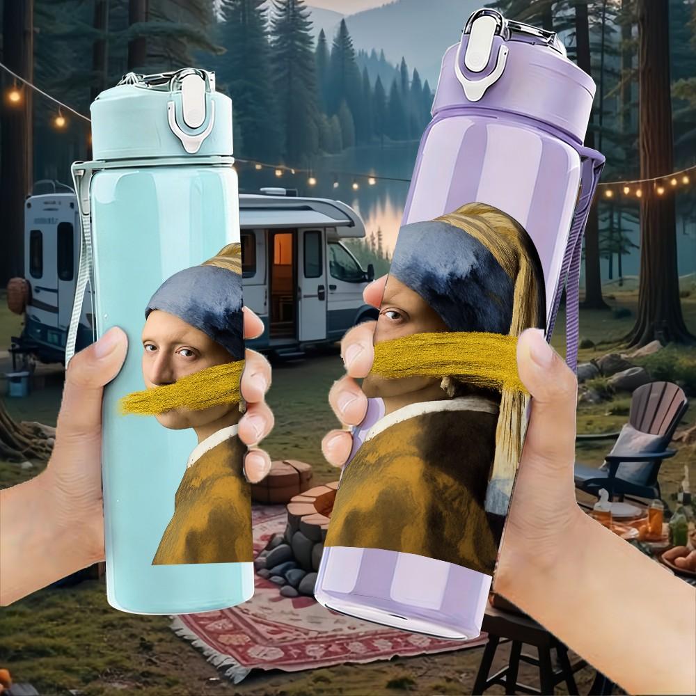 1PC Girl With Pearl Earring Modified Art 750ml Color Plastic Sports Water Bottle Leakproof Flip Straw Lid Suitable for Sports Office Home Use